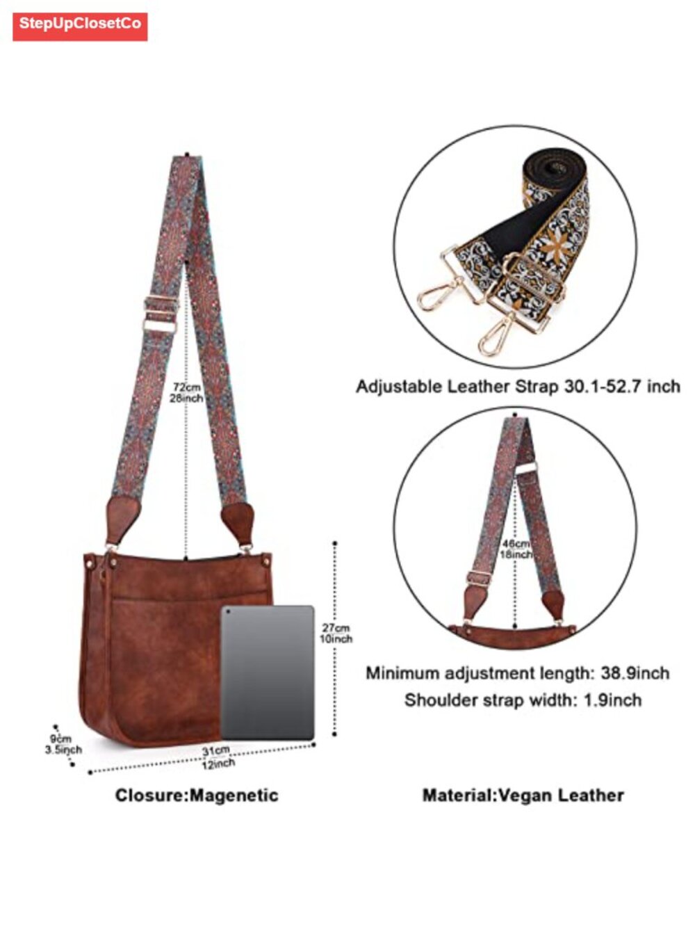 Women's Vegan Leather Hobo Crossbody Bag with 2 Adjustable Guitar Straps Gold - Picture 4 of 6